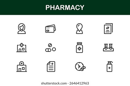Conjunto de ícones da farmácia de vetor com símbolos médicos, pílulas, prescrições e elementos de saúde
