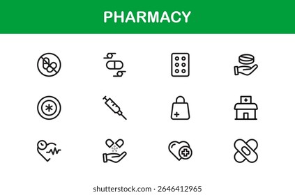 Conjunto de ícones da farmácia de vetor com símbolos médicos, pílulas, prescrições e elementos de saúde