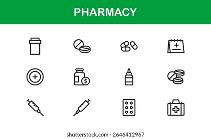 Conjunto de ícones da farmácia de vetor com símbolos médicos, pílulas, prescrições e elementos de saúde