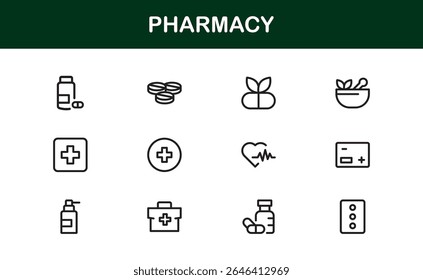 Conjunto de ícones da farmácia de vetor com símbolos médicos, pílulas, prescrições e elementos de saúde