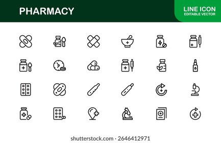Conjunto de ícones da farmácia de vetor com símbolos médicos, pílulas, prescrições e elementos de saúde