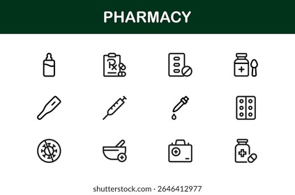 Vector Pharmacy Icon Set Featuring Medical Symbols, Pills, Prescriptions, and Healthcare Elements