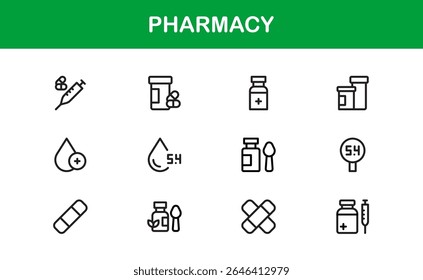Conjunto de ícones da farmácia de vetor com símbolos médicos, pílulas, prescrições e elementos de saúde