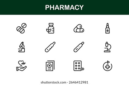 Conjunto de ícones da farmácia de vetor com símbolos médicos, pílulas, prescrições e elementos de saúde