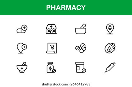 Conjunto de ícones da farmácia de vetor com símbolos médicos, pílulas, prescrições e elementos de saúde