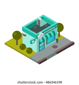 Vector pharmacy isometric building isolated