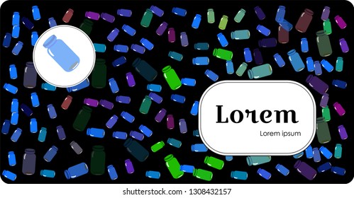 Vector pharmacy - medicine colorful bottles on black background. web banner. illustration with border box