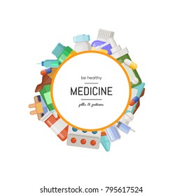Vector pharmacy or medicines around circle with place for text illustration