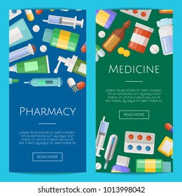 Vector pharmacy or medicines vertical banner poster templates collection illustration