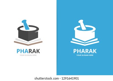 Vector pharmacy and open book logo combination. Pounder and bookstore symbol or icon. Unique mortar and pestle logotype design template.