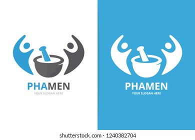 Vector pharmacy and people logo combination. Pounder and family symbol or icon. Unique mortar and pestle logotype design template.