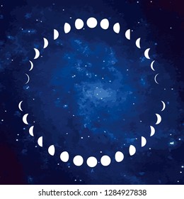 Vector. The phases of the moon on a cosmic background. Simple template. The whole cycle from new moon to full. Graphic image. Stylization