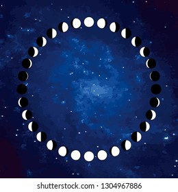 Vector. The phases of the moon on a cosmic background. Simple template. The whole cycle from new moon to full. Graphic image. Stylization