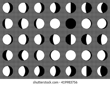 Vector. The phases of the moon on a grey background. Simple template. The whole cycle from new moon to full. Graphic image. Stylization