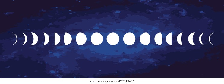 Vector. The Phases Of The Moon  On A Starry Sky Background. Simple Template. The Whole Cycle From New Moon To Full. Graphic Image. Stylization