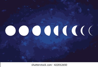 Vector. The phases of the moon  on a starry sky background. Simple template. The whole cycle from new moon to full. Graphic image. Stylization