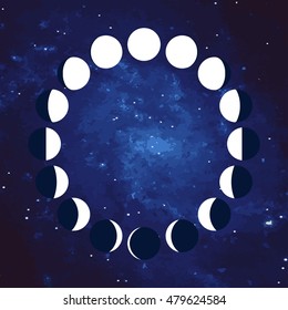 Vector. The phases of the moon on a starry sky background. Simple template. The whole cycle from new moon to full. Graphic image. Stylization