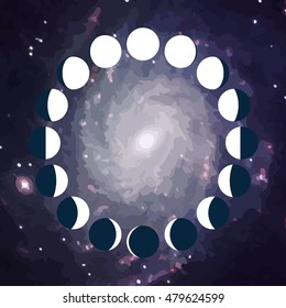Vector. The phases of the moon on a starry sky background. Simple template. The whole cycle from new moon to full. Graphic image. Stylization