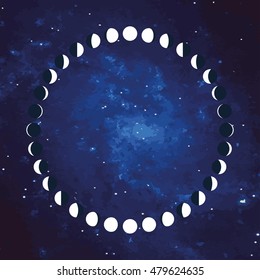 Vector. The Phases Of The Moon On A Starry Sky Background. Simple Template. The Whole Cycle From New Moon To Full. Graphic Image. Stylization