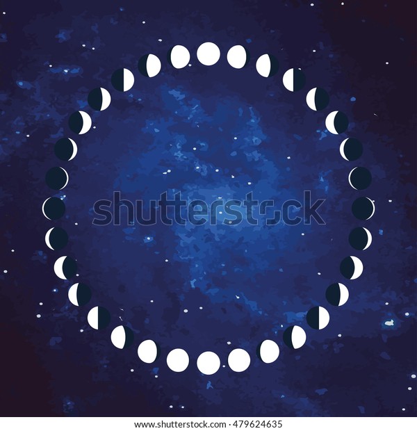 Vector. The phases of the moon on a starry\
sky background. Simple template. The whole cycle from new moon to\
full. Graphic image.\
Stylization