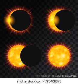Vector phases of the total solar eclipse with corona on transparent background.