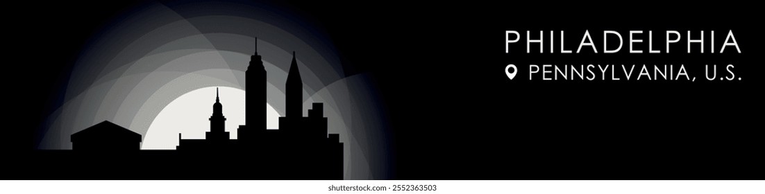 Vector Philadelhia, USA Pennsylvania state cityscape banner. Black and white placard profile picture for header, footer