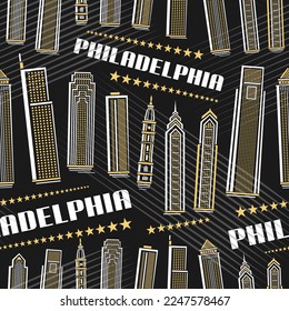 Vector Philadelphia Seamless Pattern, repeat background with illustration of famous philadelphia city scape on dark background for wrapping paper, line art urban placard with white text philadelphia