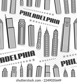 Vector Philadelphia Seamless Pattern, repeating background with illustration of famous philadelphia city scape on white background for wrapping paper, line art urban poster with dark text philadelphia