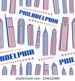 Vector Philadelphia Seamless Pattern, square repeat background with illustration of famous philadelphia city scape on white background for wrapping paper, line art urban poster with text philadelphia