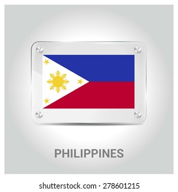 Vector Philippines Flag glass plate with metal holders - Country name label in bottom - Gray background vector illustration