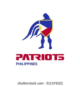 Vector Philippines Flag Patriots Soldier Logo. Mascot Character Design. Memorial Day Army man with Shield. Vector Freedom Leader Logo illustration
