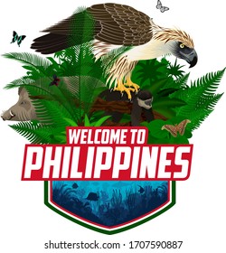 Vektorillustration Philippinische Dschungelwald-Emblem mit Korallenriff, Riesenatlas-Motte, Bartschweine- und Philippinadler mit Affen