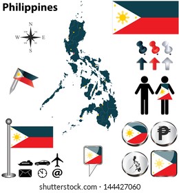 Vector of Philippines set with detailed country shape with region borders, flags and icons