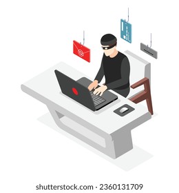 iconos isométricos de phishing vectorial fijados con símbolos de ciberdelito ilustración vectorial aislada