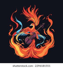 Vector phoenix bird playing guitar instruments illustration hand draw