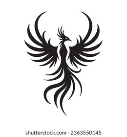 "Vector Phoenix Bird Silhouette: Logo, Symbol, or Tattoo Design in Black, Isolated on White Background"