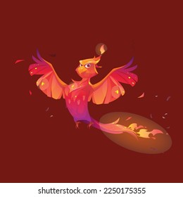 vector phoenix or fenix fire bird cartoon character at volcanic 