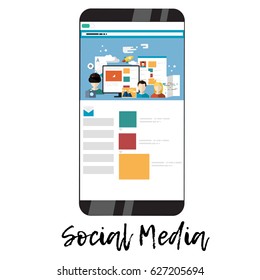 Vector Phone with business applications on a screen. Set of digital marketing icons. Social media icons, rocket ship, laptop, computer mail, smart phone. -stock vector