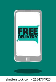 Teléfono vector con botón Entrega gratuita en la pantalla táctil. Ilustración plana de un teléfono inteligente y una aplicación móvil. Compras y compras en línea. Autoaislamiento y pandemia de coronavirus