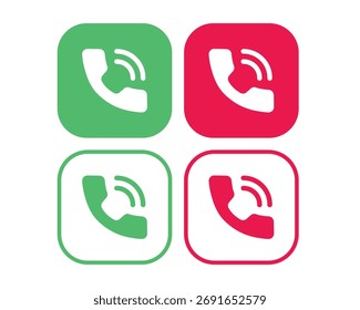Conjunto de iconos de llamadas telefónicas de Vector con indicadores de ondas de sonido: incluye variantes verdes y rojas en estilos rellenos y delineados para interfaz de usuario móvil, interfaces de contacto y sistemas de señalización de comunicación