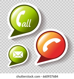 Vector Phone call icons on the transparent background, buttons with symbol of phone and envelope for contact and message or chat. 
