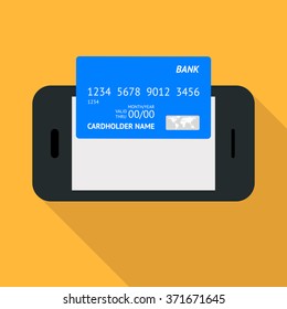 Vector Phone with card, long shadow. Internet banking mobile
