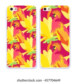 Vector phone case. Colorful cover with flowers and birds. Decorative hand drawn background for your gadget 