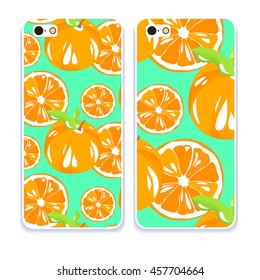 Vector phone case. Colorful cover with oranges, fruits. Decorative hand drawn background for your gadget 
