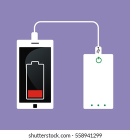 Vector Of Phone Charging And Power Bank. Low Battery.