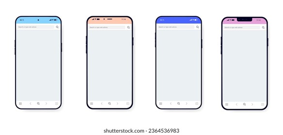 Colección de teléfonos vectores - Conjunto de ilustraciones de diseño plano de smartphones con navegador web vacío en blanco en pantalla. Fondo blanco 