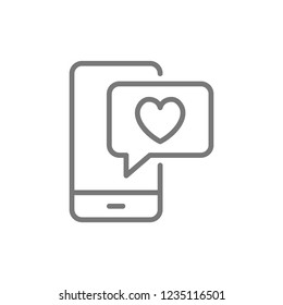 Vector phone with heart bubble, love chat, like message, positive feedback line icon. Symbol and sign illustration design. Isolated on white background
