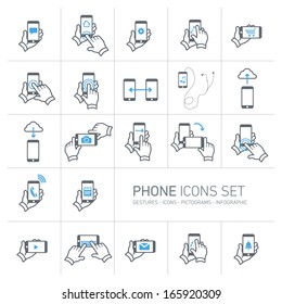 Vector phone icons set with gestures and pictograms | flat design infographic grey on white background