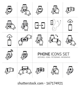 Vector phone icons set with gestures and pictograms | flat design infographic black on white background