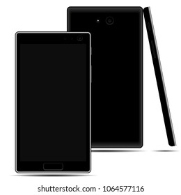 Vector phone image of black color. Front view, rear and side view